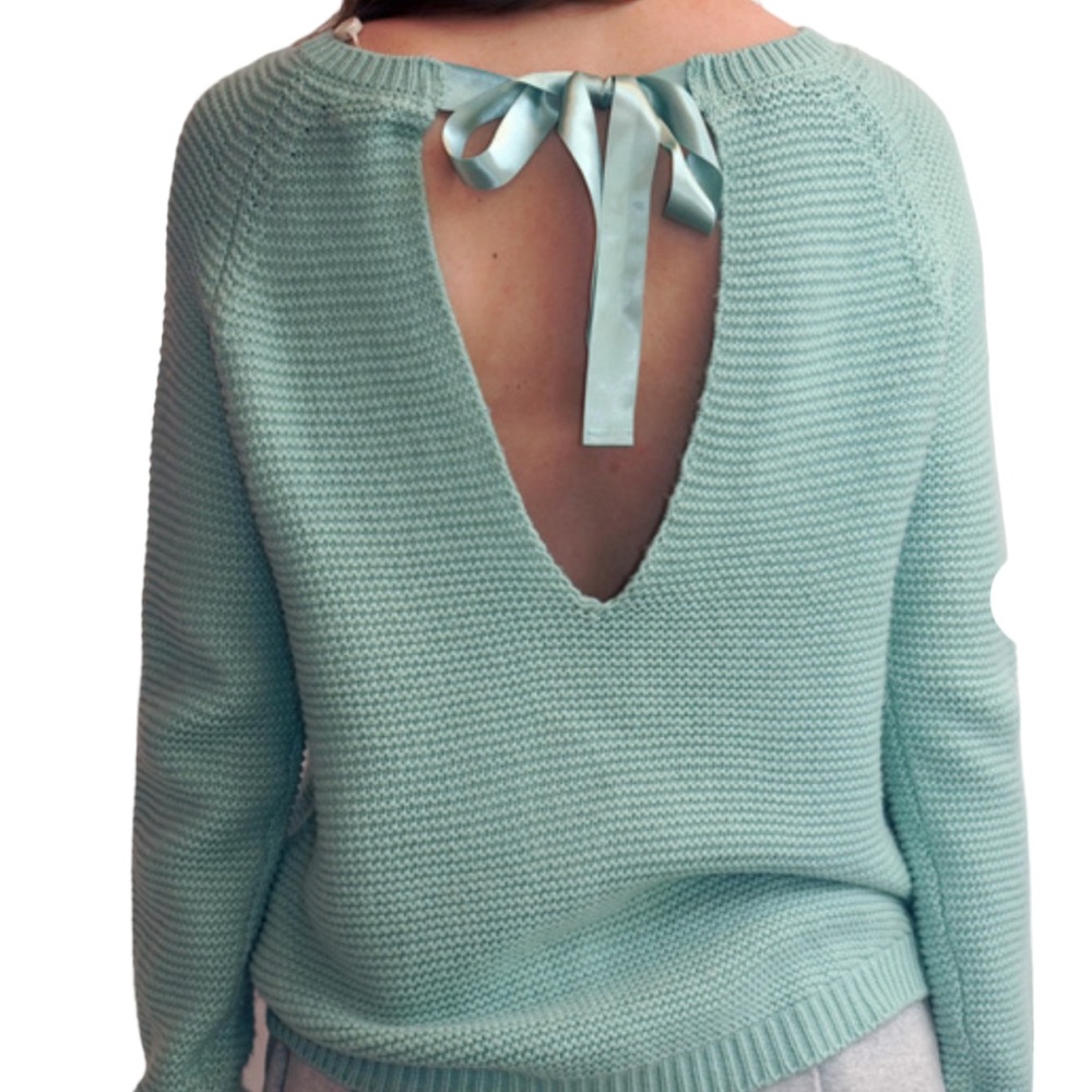 Anthropology Green Knit Long Sleeve Sweater Ribbon Tie On Back Size S